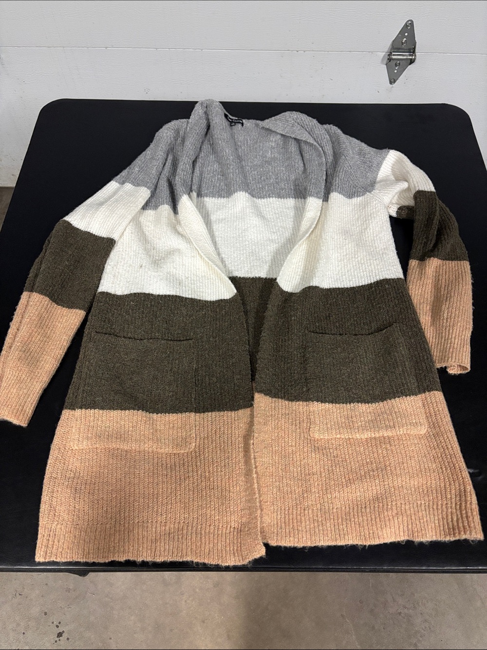 Cozy Colorblock Open-Front Cardigan Sweater - Gray, White, Olive & Tan